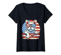 Donna Camicia Bulldog francese bandiera americana 4 luglio divertente Maglietta con Collo a V
