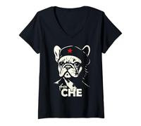 Donna Camicia Bulldog francese Che Guevara parodia ribelle divertente Maglietta con Collo a V