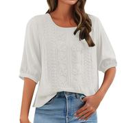 Donna Camicia Casual in Lino Elegante Classica Casual Camicie in Cotone Comodo Leggero Estive Girocollo Blusa Tinta Unita Moda Fantasia Maglietta Vacanza Vintage Manica Corta Ufficio Top