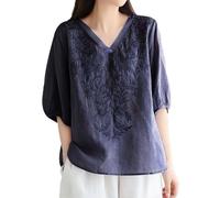 Donna Camicia Casual in Lino Girocollo Scollo Women's Embroidered Top Cotton Linen Puff Short Sleeve Crewneck Blouse Casual Button Down T Shirts Lunghe con Ricamo Letterario Primavera (Navy,XL)