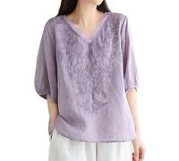 Donna Camicia Casual in Lino Girocollo Scollo Women's Embroidered Top Cotton Linen Puff Short Sleeve Crewneck Blouse Casual Button Down T Shirts Lunghe con Ricamo Letterario Primavera (Purple,XXL)