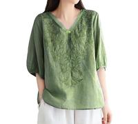 Donna Camicia Casual in Lino Girocollo Scollo Women's Embroidered Top Cotton Linen Puff Short Sleeve Crewneck Blouse Casual Button Down T Shirts Lunghe con Ricamo Letterario Primavera (Green,XXXL)