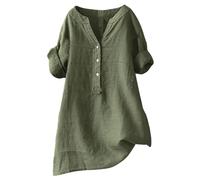 Donna Camicia Casual In Lino Lungo Leggero Elegante Casual Primavera Camicie Cotone Oversize Comodo Estive Scollo a V Blusa Vintage Moda Tinta Unita Top Classica Traspirante Maniche Lunghe Maglia Tees