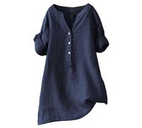 Donna Camicia Casual In Lino Lungo Leggero Elegante Casual Primavera Camicie Cotone Oversize Comodo Estive Scollo a V Blusa Vintage Moda Tinta Unita Top Classica Traspirante Maniche Lunghe Maglia Tees
