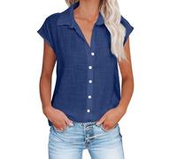 Donna Camicia Casual in Lino Oversize Primavera Comodo Casual Maglietta Elegante Leggero Estive Risvolto Blusa Moda Tinta Unita Traspirante Top Vintage Manica Corta con Bottoni Camicetta
