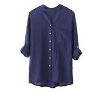 Donna Camicia Casual In Lino Scollo a V Classica Leggero Blusa Traspirante Oversize Casual Comodo Camicetta Con Bottoni Maniche Tre Quarti Spiaggia Top Ufficio Vacanza Lavoro Vintage Maglia Tees