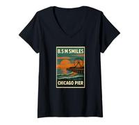 Donna Camicia Chicago Pier Sunset Wheel Vintage sul lungolago Maglietta con Collo a V