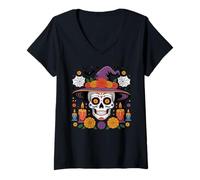 Donna Camicia con Cappello da Strega Sugar Skull Dia Los Muertos Halloween Maglietta con Collo a V