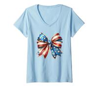 Donna Camicia Coquette Bow con bandiera degli Stati Uniti, graziosa grafica americana del 4 luglio Maglietta con Collo a V