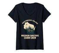 Donna Camicia da Cabina Northwoods Wisconsin con Grafica della Foresta di Natale Maglietta con Collo a V
