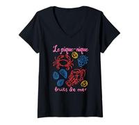 Donna Camicia da Picnic Francese con Frutti di Mare Le Pique-Nique Fruits de Mer Maglietta con Collo a V