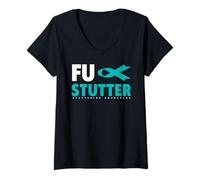 Donna Camicia di consapevolezza balbuzie - Teal Ribbon Stutter Awareness Maglietta con Collo a V