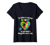 Donna Camicia di sostegno familiare per la consapevolezza dell'autismo della mamma, divertente rompicapo a forma di cuore Maglietta con Collo a V