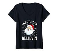 Donna Camicia Don't Stop Believing Santa Xmas Funny Christmas Maglietta con Collo a V