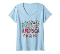 Donna Camicia floreale America carino 4 luglio USA bandiera grafica floreale Maglietta con Collo a V