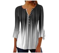Donna Camicia Manica a 3/4 Bluse a Scollo V e Bottoni Elegante Manicotto Split Shirt Top Base Magliette Larghe Casual alla Moda Colletto a Revers in Tinta Unita Blusa Sexy Vintage Maglietta