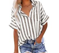 Donna Camicia Maniche Corte Cotone Lino Camicette Estiva Moda Blusa Casual in Lino Cotone a V Tunica Top in Tinta Unita Leggera e Comoda per L'Estate Sciolto Bottoni Elegante Camicetta Donna