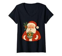 Donna Camicia Natalizia Kansas Santa Coffee Buffalo Funny USA Maglietta con Collo a V
