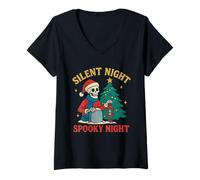Donna Camicia Natalizia Spooky Silent Night Funny Skeleton Xmas Maglietta con Collo a V