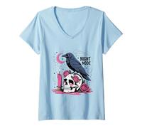 Donna Camicia Night Mode Raven Skull Goth Candle Roses Moon Maglietta con Collo a V