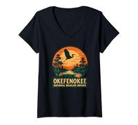 Donna Camicia Okefenokee Wildlife Swamp Bird Gator Sunset Scene Maglietta con Collo a V