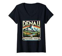 Donna Camicia panoramica del parco nazionale del Denali Retro Apparel Denali Maglietta con Collo a V