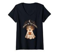 Donna Camicia per Cane Fantasma Halloween Zucca Fiore Corteccia Luna al Buio Maglietta con Collo a V