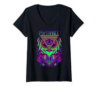 Donna Camicia Psytrance, Rave Shirt, Techno Owl, EDM, Trippy 3rd Eye Maglietta con Collo a V