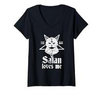 Donna Camicia Satanic Cat Satan Loves Me Pentagram 666 per ateo Maglietta con Collo a V