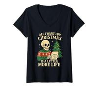 Donna Camicia Scheletro di Natale Lista dei Desideri Divertente più Natale Maglietta con Collo a V