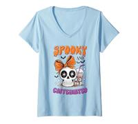 Donna Camicia Spooky e Caffeinated Cute Skull Bow con caffè Freddo Maglietta con Collo a V