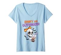 Donna Camicia Spooky e Caffeinated Skull Bow Grafica caffè Freddo Maglietta con Collo a V