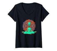 Donna Camicia Verde Alien UFO Meditazione Zen Maglietta con Collo a V