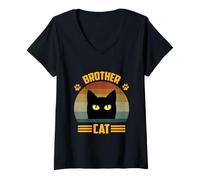 Donna Camicia Vintage Fratello Divertente Fratello Amante Gatto Stile retrò Maglietta con Collo a V
