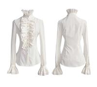 Donna Camicia Vittoriana Gotico Camicetta in Pizzo Scollo a V Renaissance Tops Camicia a maniche lunghe con maniche a campana, vestibilità slim, stile pirata medievale, carnevale, stile pirata