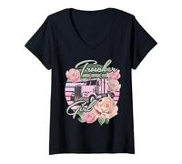 Donna Camionista Girl - rosa e rose - ideale per donne autista - vintage Maglietta con Collo a V