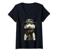Donna Camouflage Barboncino Camo Animale Cacciatore Caccia Cane Grafica Maglietta con Collo a V