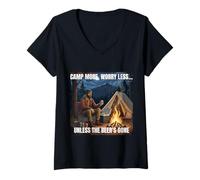 Donna Camp More Less Worry Camping con Birra Divertimento all'aperto Maglietta con Collo a V