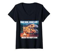 Donna Camp More Less Worry Camping con Birra Divertimento all'aperto Maglietta con Collo a V