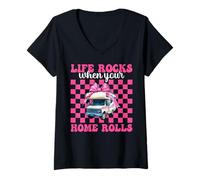 Donna Campeggio Camper Camper Vita Rocce Quando la Tua casa rotola Maglietta con Collo a V