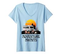 Donna Campeggio Camper Tramonto Avventura RV Camping Divertimento Maglietta con Collo a V
