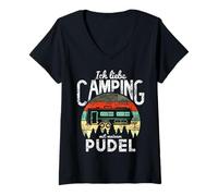 Donna Campeggio Cane Camper Amo Camping Barboncino Vintage Maglietta con Collo a V