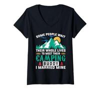 Donna Camping Buddy I Married Mine Hiking Camper Adventure Lover Maglietta con Collo a V
