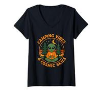 Donna Camping Vibes Cosmic Skies, divertente disegno alieno a forma di foresta di caffè Maglietta con Collo a V