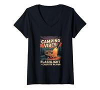 Donna Camping Vibes Torcia elettrica Lettore di Cassette Amanti Maglietta con Collo a V