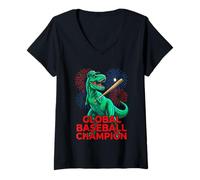 Donna Campione Globale di Baseball T-Rex Dinosaur Vintage B-Movie Maglietta con Collo a V