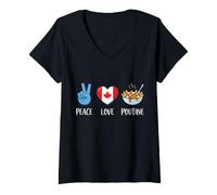 Donna Canada Peace Love Poutine Cibo Canadese Maglietta con Collo a V