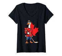 Donna Canadian Goose Mountie Hockey Maple Leaf Canada Maglietta con Collo a V