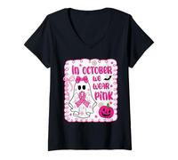 Donna Cancro al Seno Donne Fantasma Carino in Ottobre Indossiamo Fiocco Rosa Maglietta con Collo a V