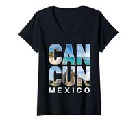 Donna Cancun Messico Viaggi Vacanze Spiaggia Rovine Maya Maglietta con Collo a V